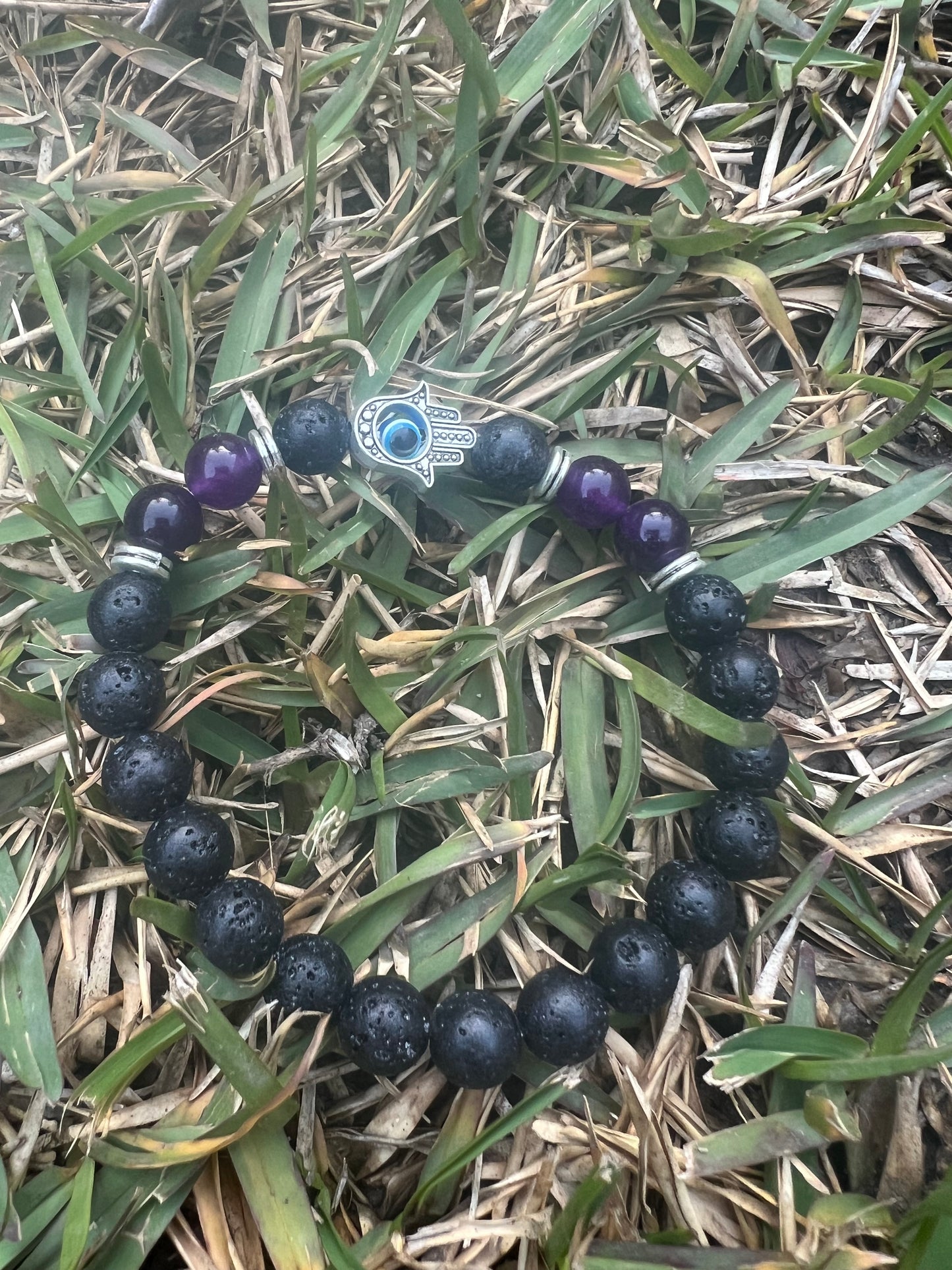 Lava Stone with Amethyst and Hamsa Bead Bracelet 8mm