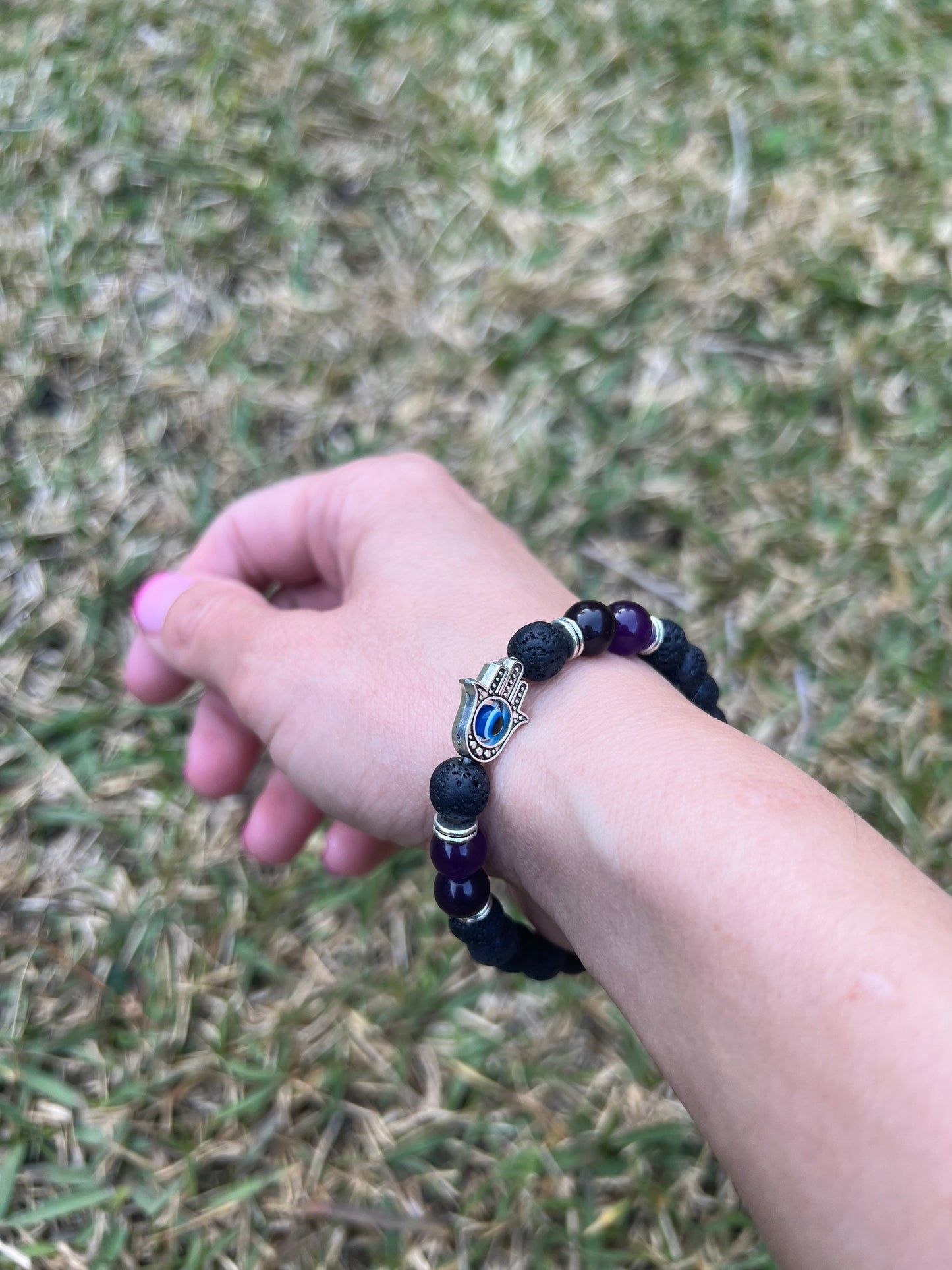 Lava Stone with Amethyst and Hamsa Bead Bracelet 8mm