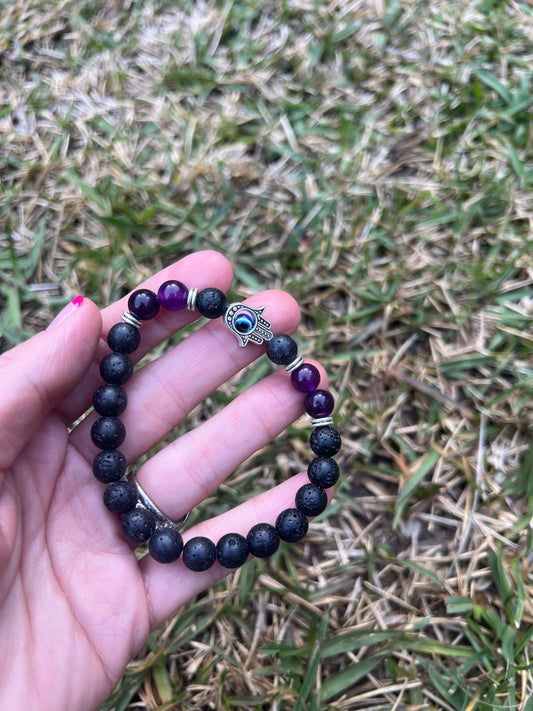 Lava Stone with Amethyst and Hamsa Bead Bracelet 8mm